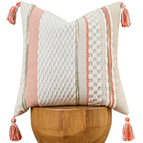 AmHoo Chenille Striped Textured Boho Throw Pillow Covers Aesthetic with Tassels Woven Decorative Pillow Case for Couch Bed Sofa Bedroom Modern Funky 18 x 18-Inch White Orange - color: White Orange, size: 18" x 18" (Pack of 1)