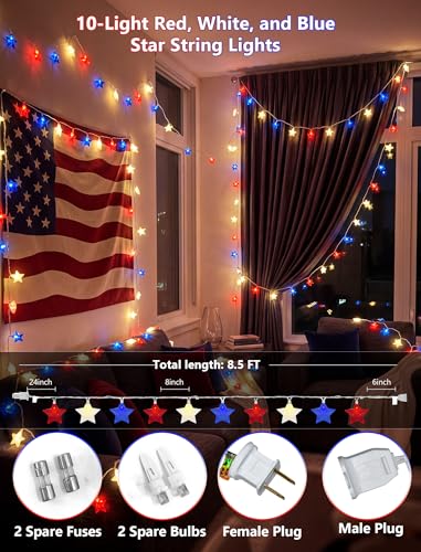 8.5Ft Red White and Blue Star Lights, 4th of July String Lights Plug in with 10 Five Star LED Bulbs, Fourth of July Decorations for Independence Day Patriotic Party, White Wire - color: 10 Red White Blue Five-Star