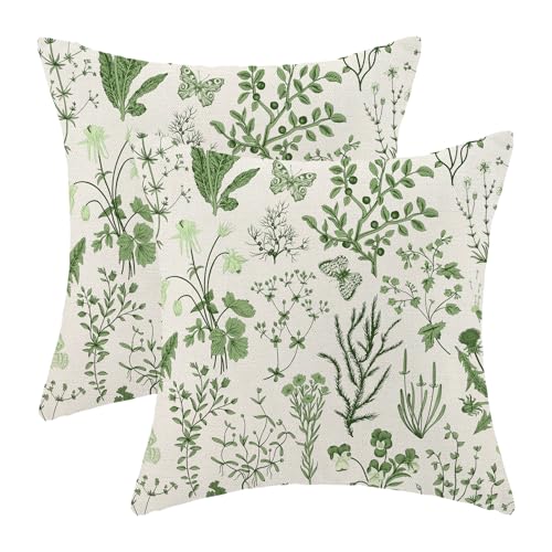 AEIOAE Summer Pillow Covers 16x16 Inch Set of 2,Olive Green Wild Flower Plant Throw Pillows Case,Seasonal Floral Outdoor Decorative Square Linen Farmhouse Decor Cushion Covers for Home Sofa Bed Couch - color: Olive Green Wild Floral, size: 16" x 16" (Pack