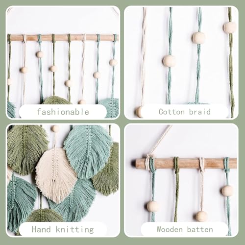 LB Macrame Wall Hanging Decor, Boho Chic Feather Wall Decor Macrame Photo Wall Hanging Handmade Yarn Woven Wall Art Green Leaf Tapestry for Bedroom Living Room Nursery Office Backdrop, 16x35 Inch - color: Green