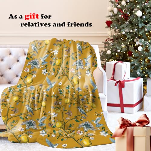Mustard Yellow Lemon Bird Floral Throw Blanket for Couch, Cottagecore Home Decor, Chinoiserie Hummingbird Botanical Throw Blanket for Bedroom Living Room Home Decoration, 50x60 Inches - color: Color_14
