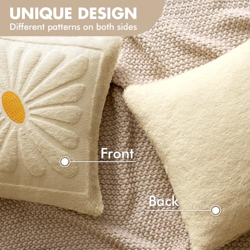 EMEMA Set of 2 Spring Summer Sunflower Floral Pillow Covers, Plush Faux Fur Decorative 18x18 Cushion Cases Adding a Soft, Bright Seasonal Accent to Sofa Couch Bed Modern Farmhouse Living Room, Beige - color: Beige, size: 18" x 18" (Pack of 2)