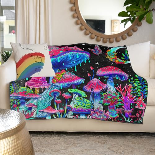 Blacklight Mushroom Throw Blankets Glow in the Dark Black Light Plant Throw Fantasy UV Reactive Mushroom Butterfly Moon Blanket Cute Throw for Bedroom Dorm Decor 59”x51” - color: Bl Mushroom Sky