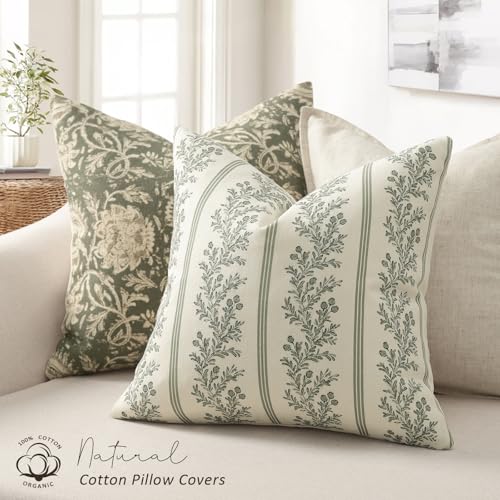 Vintage Throw Pillow Covers 12x20 Set of 2, Striped Floral Pillow Cover Botanical Patterned Decorative Cushion Covers Modern Farmhouse Home Decor for Sofa Couch Bed Living Room, Moss Green - color: Moss Green, size: 20" x 12" (Pack of 2)