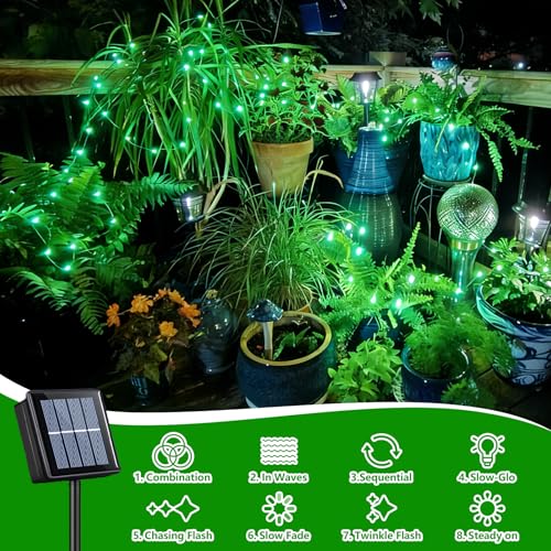 QITONG Green Solar Fairy Lights, 2 Pack Each 66ft 200 LED String Light Outdoor Waterproof, Silver Wire Christmas Twinkle Mini Lights with 8 Modes - color: Green