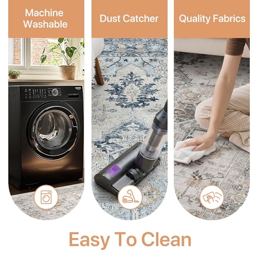 GENIMO 2x3 Reversible Door Mat for Entryway, Machine Washable Non Slip Vintage Rugs, Low Pile Lightweight Soft Print Rug for Hallway, Corridor, Home, Office, Kitchen, Taupe & Blue - color: Taupe&blue, size: 2' x 3' (Rectangular)