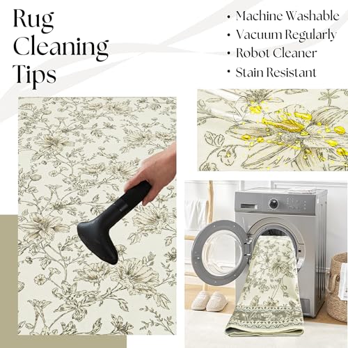 Greyish Beige Floral Rug 5x7 Machine Washable Area Rug for Living Room Vintage Boho Farmhouse Low Pile Distressed Carpet for Dining Room, Bedroom Indoor Non-Slip Tan Taupe Flower Design Home Decor - color: Sketch Floral Cool Beige, size: 5' x 7' (Rectangu