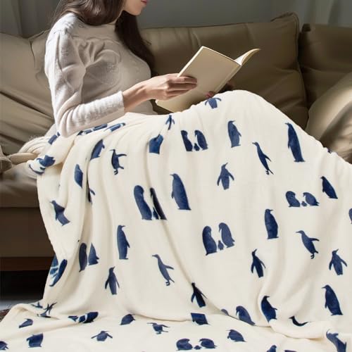 MACEVIA Flannel Fleece Penguin Throw Blanket, Cute & Soft for Bed, Sofa, Travel & Camping, 260GSM (Navy, 50"x60") - color: Penguin Print Navy, size: Flannel Fleece (50x60 IN)