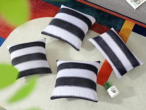 AmHoo Pack of 2 Farmhouse Stripe Check Throw Pillow Covers Set Case Cotton Linen Decorative Pillowcases Cushion Cover for Couch Bench Sofa 16x16Inch Black - color: Black, size: 16" x 16" (Pack of 2)
