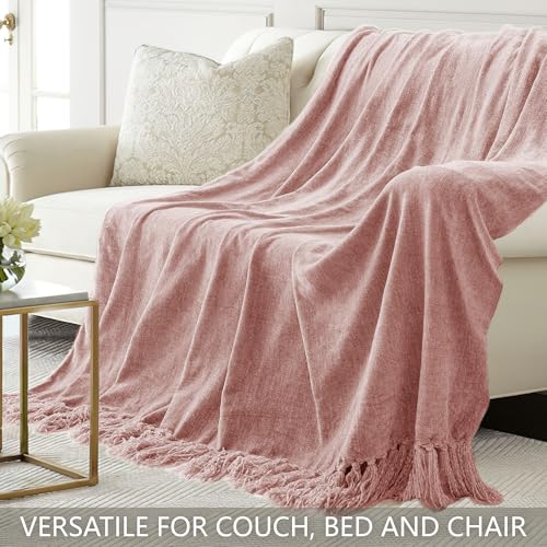 Chenille Throw Blanket for Couch 50"X 60", Soft Cozy Throws with Fringe Tassel for Bed Sofa Chair Cover, Lightweight Knitted Decorative Boho Blankets for Living Room, Dusty Pink - color: Dusty Pink, size: 50x60 inch