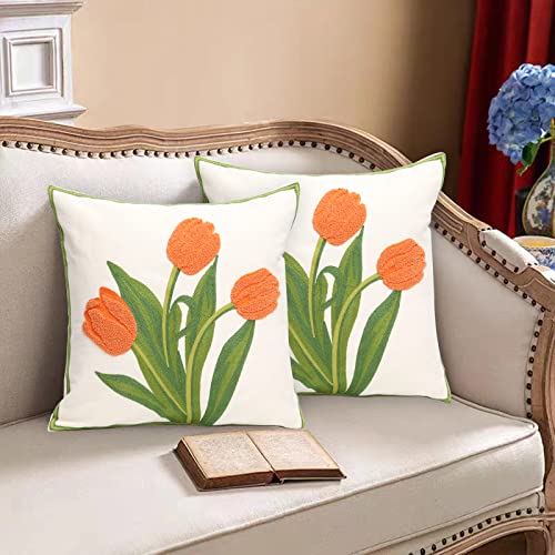 Pack of 2 Embroidered Decorative Throw Pillow Cover 18x18 Inch Farmhouse Floral Pillowcase for Living Room Sofa Bed (Orange Tulip) - color: Orange Tulip