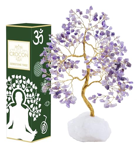 Crocon® Amethyst Crystals Tree of Life Rough Base, Birthday Gifts for Women, Home & Office Decor Money Tree Healing Crystals Womens Gifts Ideas House Warming Gift Sister Unique Purple Decoration - color: Amethyst Quartz Base (Golden Wire)