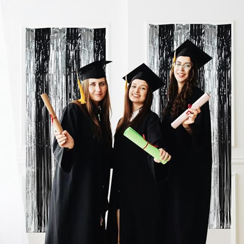 TONIFUL Silver Black Door Streamers,Silver and Black Photo Booth Backdrop Metallic Streamers Foil Fringe Curtain for Birthday,New Year,Graduation,Grad,Bachelorette Party Streamers Decoration - color: Black Silver Gold
