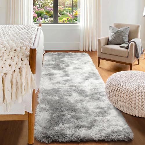 ONASAR 2x6 Runner Rugs for Bedroom Living Room, Fluffy Tie-Dyed Light Grey Bedside Hallway Throw Area Rug, Ultra Soft Plush Furry Floor Carpet Mat for Nursery Kids Dorm Closet Home Decor - color: Tie-dyed Light Grey, size: 2' x 6' (Runner)