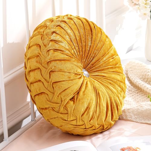 Drydiet 1 Pcs Round Throw Velvet Pillows Decorative Pleated Throw Pillows Diameter Accent Pumpkin Boho Chair Cushion for Couch Sofa Home Decoration (Velvet Gold,15'') - color: Velvet Gold, size: 15''