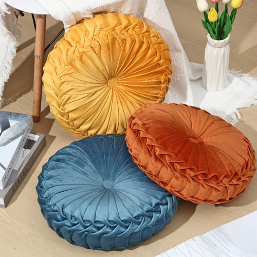 Drydiet 3 Pcs Round Throw Velvet Pillows Decorative Pleated Throw Pillows Diameter Accent Pumpkin Boho Chair Cushion for Couch Sofa Home Decoration (Yellow,Brunt Orange,Blue,15'') - color: Yellow,brunt Orange,blue, size: 15''