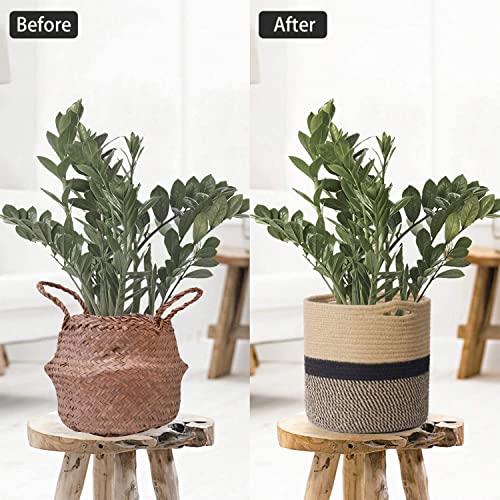 TIMEYARD Sturdy Jute Rope Plant Basket Modern Woven Baskets for 10" Flower Pot Floor Indoor Planters, 11” x 11” Storage Organizer Basket Rustic Home Decor, Black and Beige Stripes - color: Black and Jute, size: 11" x 11"
