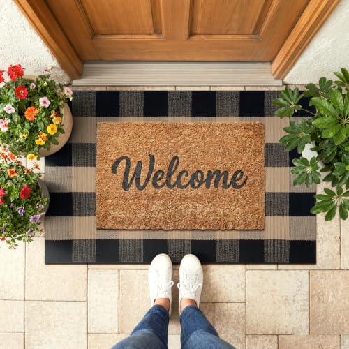 KIMODE Front Door Mat 27.5"x43",Black and Tan Checkered Outdoor Rug,Farmhouse Fall Front Porch Rug Decor,Cotton Woven Washable Layered Doormats for Front Door Outside Entrance - color: Black/Brown, size: 2'4" x 3'7" (Rectangular)