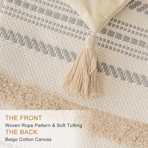 Boho Throw Pillow Covers 12x20 Set of 2 Woven Tufted Farmhouse Pillows Cover with Tassels Textured Striped Cushion Case Lumbar Pillow Cases Decorative Pillowcase for Sofa, Couch, Bed, Khaki - color: Khaki, size: 20" x 12" (Pack of 2)