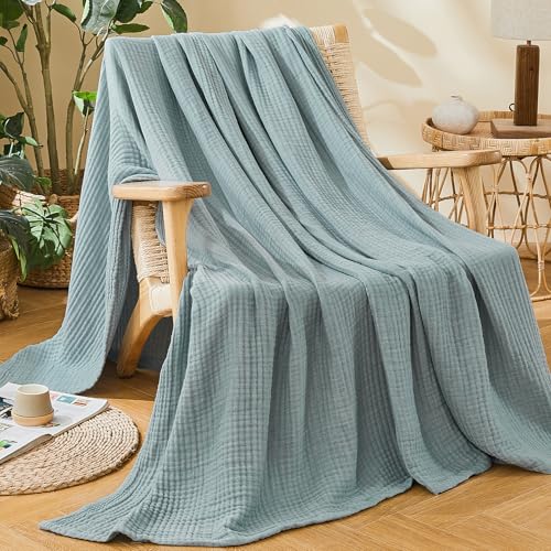 EMME Cotton Muslin Large Throw Blanket 4-Layer Couch Breathable Gauze Soft Lightweight Bed Blankets Adults Two-Tone Weave Design, Pre-Washed Softer Touch (Heather Teal, 50"x70") - color: 01 - Teal, size: Large Throw (50" X 70")