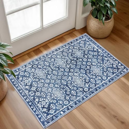 Vintage Washable Rug 2x3, Denim Blue White Small Area Rugs for Entryway, Floral Super Soft Kitchen Rugs, Throw Rugs Indoor Door Mat Thin Print Faux Wool Carpet for Entrance, Office, Farmhouse - color: Denim Blue and White, size: 2' x 3' (Rectangular)