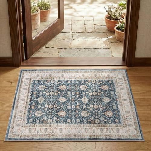 jinchan 2x3 Washable Vintage Floral Rug, Distressed Traditional Entryway Rug, Soft Low-Pile Non-Slip Accent Mat for Indoor Foyer, High-Traffic Kitchen Sink Laundry Room, Blue - color: Oriental Beige on Dark Blue, size: 2' x 3' (Rectangular)