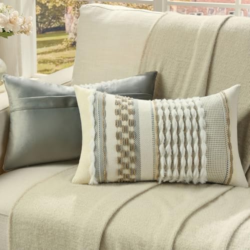 FUTEI Pack of 2 Boho Chenille Decorative Throw Pillow Covers 12x20 Inch Soft Plush Tufted Striped Textured Pillow Case,Farmhouse Accent for Couch Bed Living Room, Grey Brown - color: Grey+brown, size: 20" x 12" (Pack of 2)