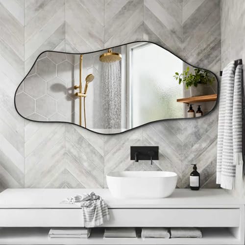 Irregular Wall Mirror, 40"x17.7" Asymmetrical Frameless Mirrors, Modern Cloud Shaped Mirrors for Living Room Bedroom Hallway Entryway, Horizontal or Vertical Hanging - color: Black, size: 40"L x 17.7"W