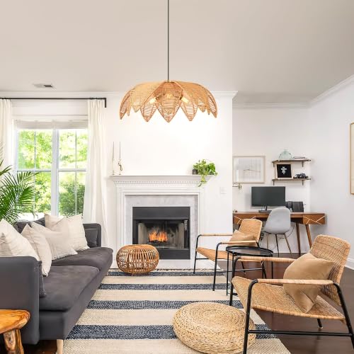 3-Light Rattan Boho Chandelier for Dining Room,24" Hand Woven Wicker Coastal Hanging Pendant Light for Kitchen Island Bedroom Living Room - size: 23.6″Flower