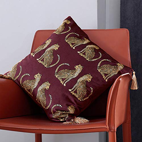 Lumbar Decorative Throw Pillow Cover with Tassels Leopard Pattern Cushion Cover Luxury Style Soft Velvet Pillowcase for Sofa Couch Bedroom (18"x18",Wine Red) - color: Wine Red, size: 18" x 18" (Pack of 1)