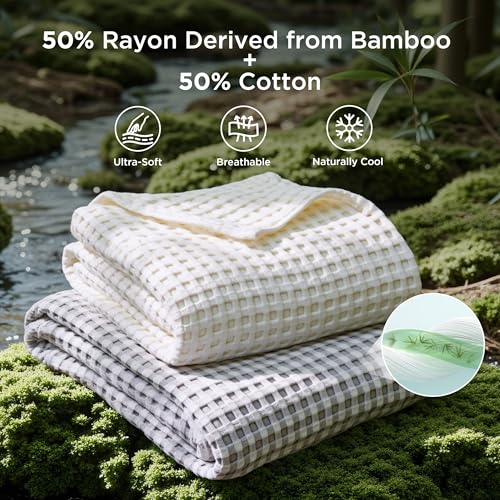 Bedsure Cooling Cotton Waffle Full Size Blanket - Lightweight Breathable Blanket of Rayon Derived from Bamboo for Hot Sleepers, Luxury Throws for Bed, Couch and Sofa, Ivory, 80x90 Inches - color: Ivory, size: Full (80" X 90")