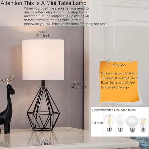 Black Bedside Table Lamps Set of 2, Small Nightstand Lamps for Bedroom, Modern Desk Lamps with TC Fabric Shade Geometric Metal Base for Living Room Study Office Farmhouse - color: Black-2 Pack