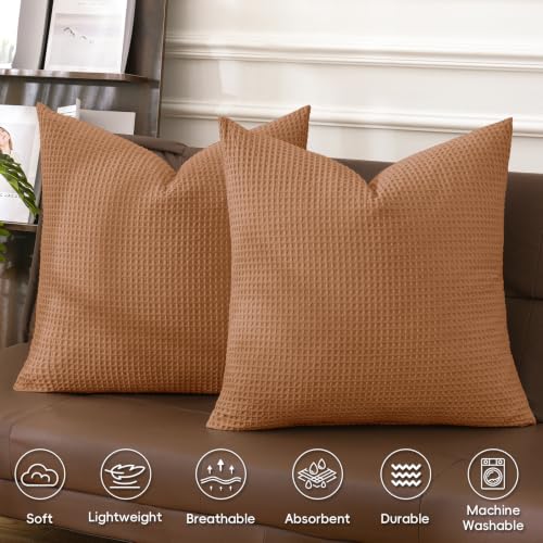 PHF 100% Cotton Waffle Weave Euro Shams 26" x 26", No Filling, 2 Pack Elegant Home Decorative Euro Throw Pillow Covers for Bed Couch Sofa, Cinnamon Brown - color: Cinnamon Brown, size: 26" x 26" (Pack of 2)