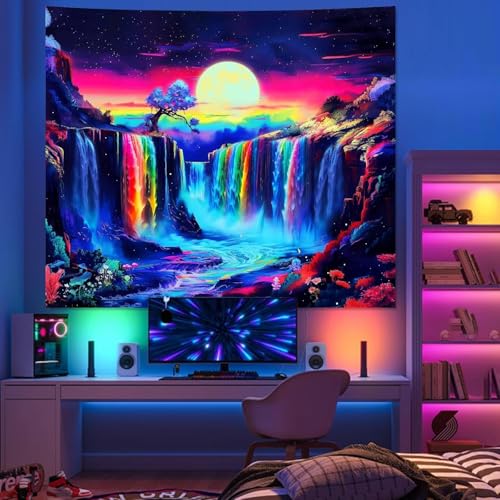 Apdidl Blacklight Posters Waterfall Moon Tapestry, Black Light Neon UV Reactive Mountain Tree Tapestries Wall Hanging, Fantasy Landscape Wave Nature Tapestry for Bedroom Room Dorm Decor (60"X79") - color: Waterfall Blacklight Tapestry, size: 79"L x 60"W