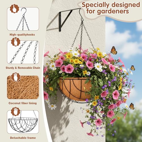 Metal Hanging Baskets for Plants Outdoor 4 Pack Round Metal Wire Hanging Basket Planter (Grid, 10 Inch) - size: 10 Inch, style: Grid