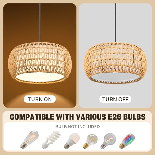 Pendant Lights, Plug in Pendant Light, Hanging Lamp, Boho Lamp, Woven Rattan Pendant Lamp Shade for Kitchen Island, Modern Farmhouse Chandelier Light Fixtures (Bohemian 1)