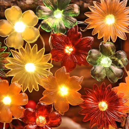 Cute Flower Fairy Lights String of flowers for decorating-7ft 20LED Waterproof Battery Operated String Lights Outdoor Indoor- Floral Garland for Wedding Garden Christmas Tree Bedroom Wreath Decor - color: Red-Green-Yellow-Orange