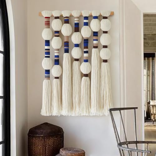 Flber Macrame Wall Hanging Blue Handmade Yarn with Ball Tassels 15.7" Wx 21.6" L - color: Blue