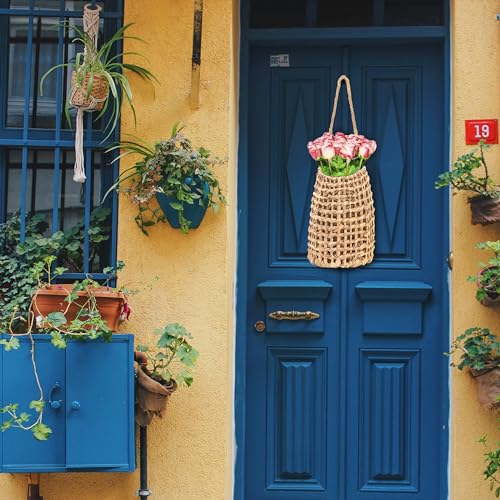 Hiceeden Woven Front Door Basket, Water Hyacinth Hanging Wall Flower Basket, Wall Decor Boho Decoration Veggies Storage Basket for Home, Pantry, Garden, Farmhouse - style: Bohemian