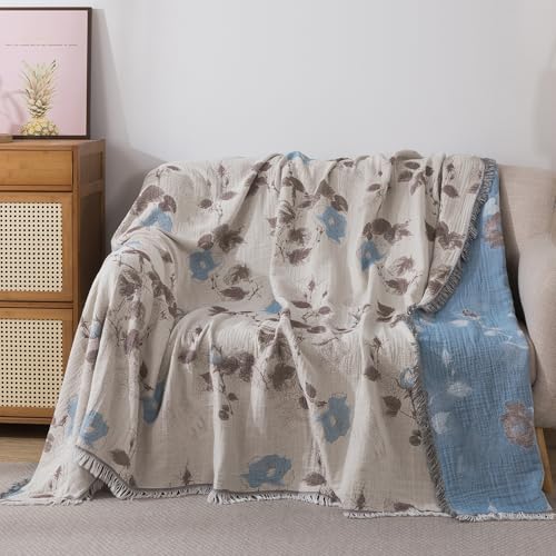 Lemfux 4-Layer 100% Cotton Muslin Cooling Blanket, Boho Floral Gauze Throw with Fringe, Ultra Soft Breathable Lightweight Bedspread Coverlet for Bed Sofa Couch - color: Dusty Blue Floral, size: 80"x90"