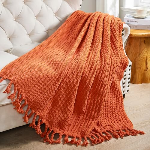 Striped Knit Throw Blanket with Braided Tassels 50" x 60", Hand Knitted Soft Chunky Chain Design Boho Farmhouse Blanket, Solid Color Tassel Decor Throw for Couch Bed Sofa Outdoor, Burnt Orange - color: Burnt Orange