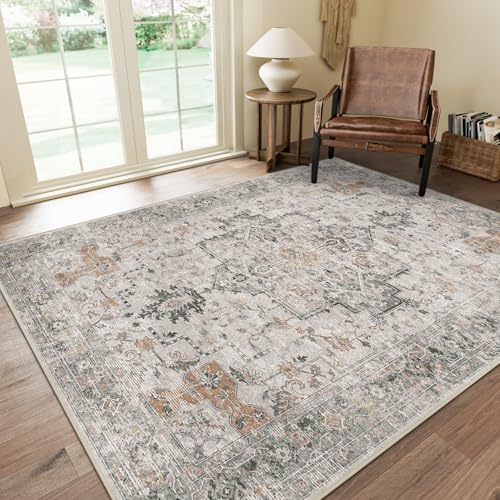 GENIMO 5X7 Area Rugs for Living Room, Machine Washable Non Slip Vintage Area Rugs, Low Pile Lightweight Print Rug for Bedroom, Dining Room, Home Office, Light Taupe Brown - color: Taupe, size: 5' x 7' (Rectangular)