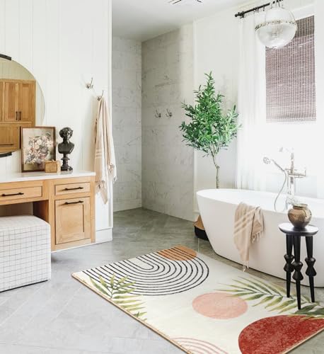 RoomTalks Boho Cute Bathroom Rugs Bath Mat Non Slip Washable, Modern Abstract Geometric Shape with Tropical Leaves 2x3 Small Area Rug for Bedroom Kitchen, Neutral Contemporary Retro Indoor Entry Rug - color: Terracotta and Black, size: 2' x 3' (Rectangula