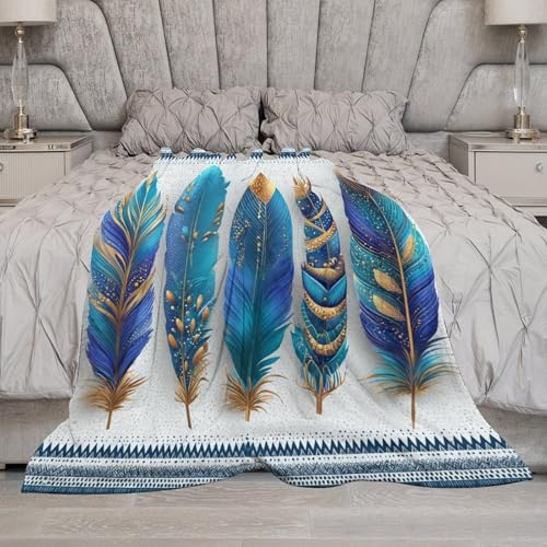 Blanket Boho Feather Gold Ornament Throw Blanket for Women Men, 60"x80" Blue Geometric Pattern Border Plush Flannel Throws, Decor for Bed Couch Bedroom - color: Boho Feather Gold Ornament, size: 60"x80"