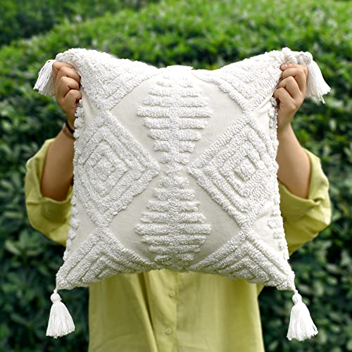 Boho Style Sofa Throw Pillow Covers – Exquisitely Crafted with Hand-Finished Tuft with Thick Cotton Tassel Details – Soft & Stylish Moroccan Decorative, 20x20inch (Spring Ruched) - color: Boho Cream, size: 20" x 20" (Pack of 1)