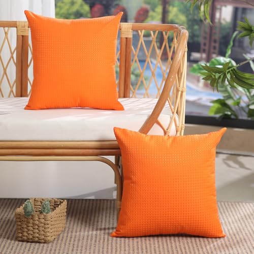 DFXSZ Outdoor Pillow Covers 18X18 Inch Set of 2 Orange Waffle Textured Polyester Pillow Covers Spring Summer Outdoor Waterproof Decor for Patio Furniture Garden 025E18 - color: Orange, size: 18" x 18" (Pack of 2)