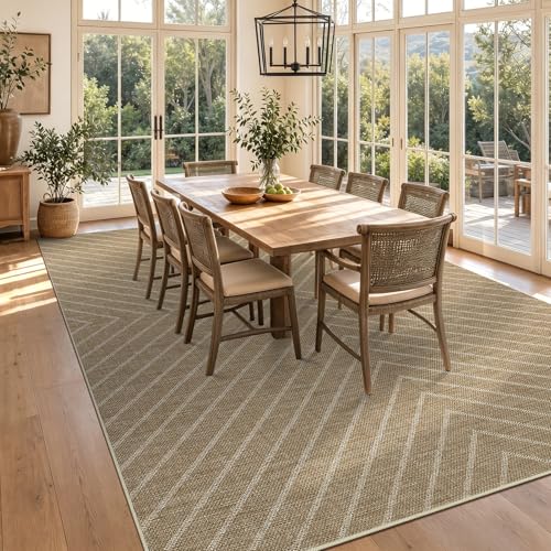 Garvee Washable Easy Jute Living Room Rug - Striped Outdoor Rugs 9x12 for Patio, Large Farmhouse Indoor Outdoor Carpet, Non Slip Low Pile Stain Resistant Carpet for Bedroom Dining Room 9'x12' - color: Striped|jute, size: 9' x 12' (Rectangular)