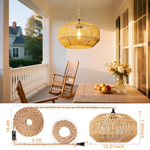 Hanging Light Ceiling Lamp Pendant Lights Rattan Hanging Lamp with Plug in Cord for Living Room Bedroom Kitchen Indoor Hanging Lamp Plug in Woven Lampshade - size: 11.8 Inch - Pumpkin Shade