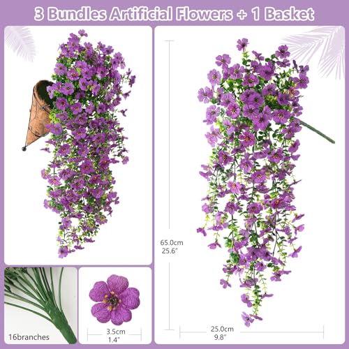 INQCMY Artificial Hanging Flower Baskets for Spring Outdoor Decoration Fake Plants UV Resistant Faux Silk Daisy with Eucalyptus Leaves Realistic Look for Home Porch Patio Yard - color: Purple