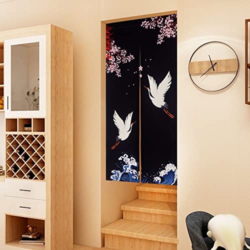LIGICKY Noren Doorway Curtain Japanese Style Cranes Waves Cherryblossom Printed Cotton Linen Window Treatment Door Tapestry for Home Decoration 33.5" Width x 59" Long, Black - color: Cranes Cherryblossom, size: 33.5"W x 59"L (Pack of 1)